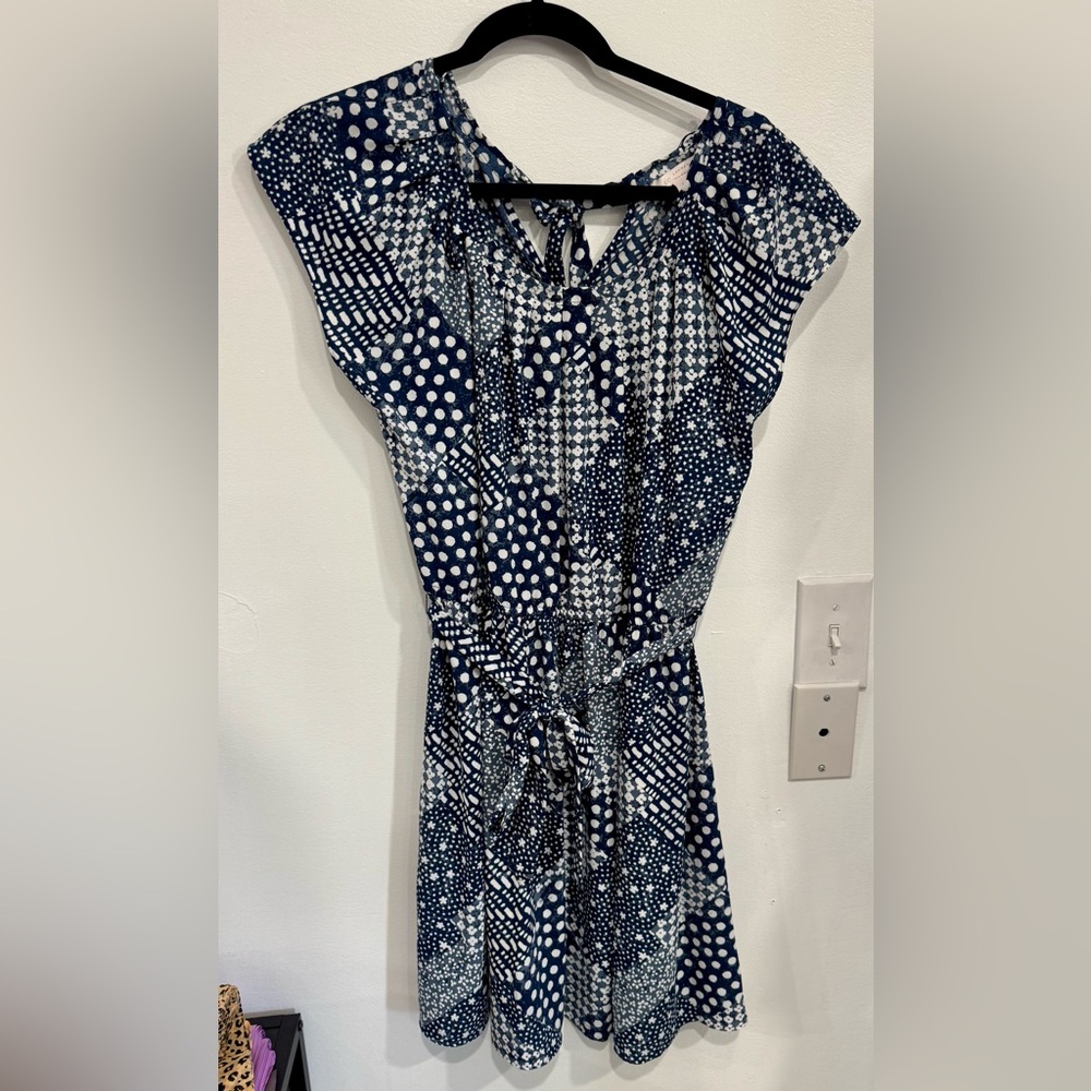 LC Lauren Conrad Navy and White Patterned Cap-Sleeve Dress